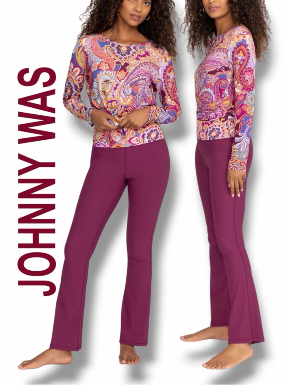 Johnny Was Women’s Bee Active Ribbed Baby Bell Pants/Paisley Waistband Size L